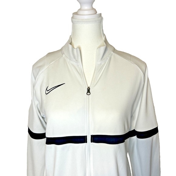 Nike Dri Fit Womens M White Track Jacket Full Zip Logo Black Stripe Pockets FLAW - Picture 2 of 11